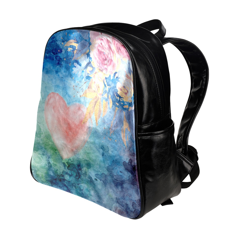 Heart and Flowers - Pink and Blue - Black Multi-Pockets Backpack (Model 1636)