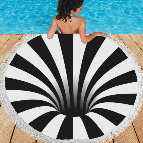 Optical Illusion Stripes Black Hole (Black/White) Circular Beach Shawl 59"x 59"