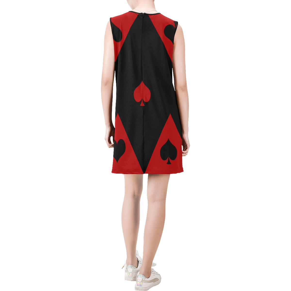 Las Vegas Black Red Play Card Shapes Sleeveless Round Neck Shift Dress (Model D51)
