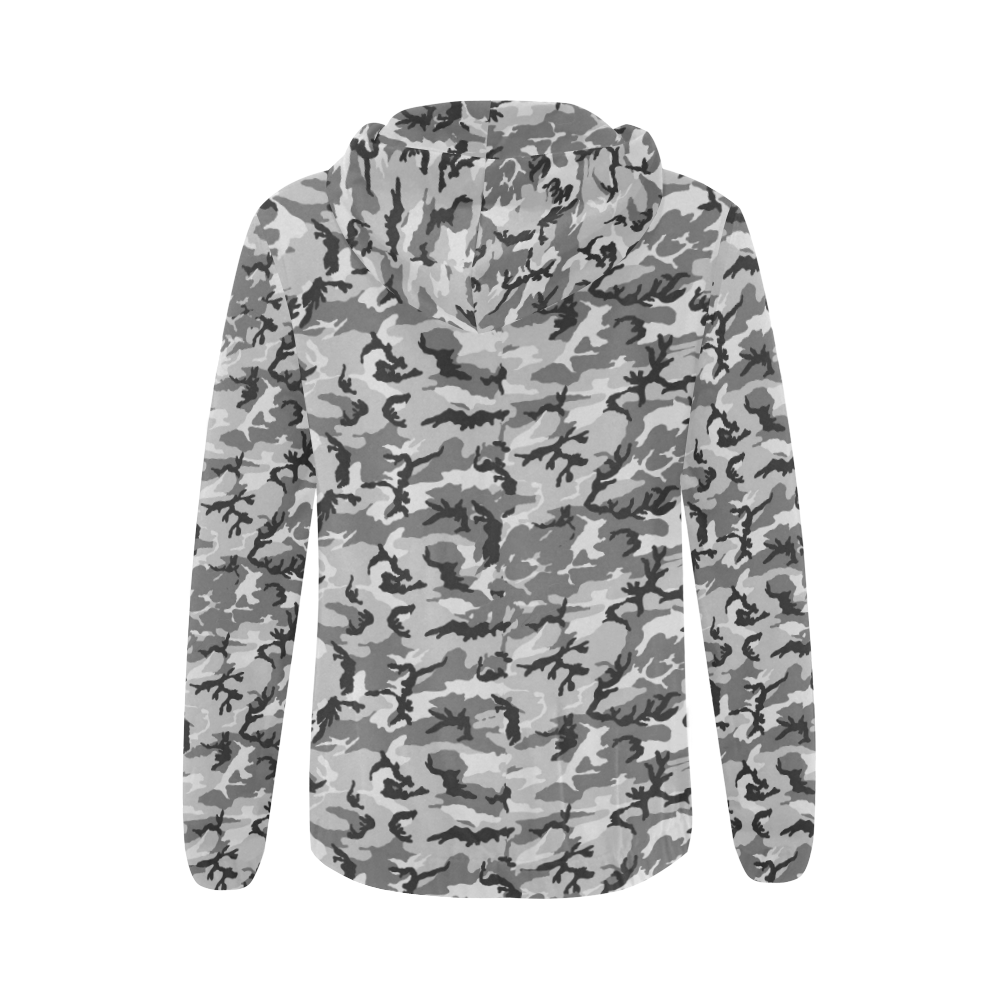 Woodland Urban City Black/Gray Camouflage All Over Print Full Zip Hoodie for Women (Model H14)