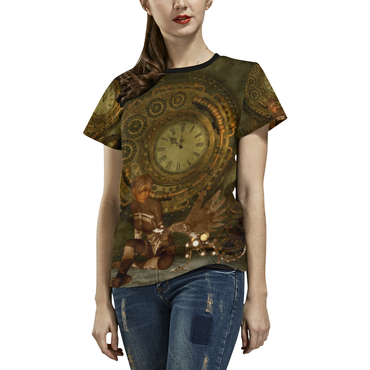 Steampunk, women with steampunk dragon All Over Print T-shirt for Women/Large Size (USA Size) (Model T40)