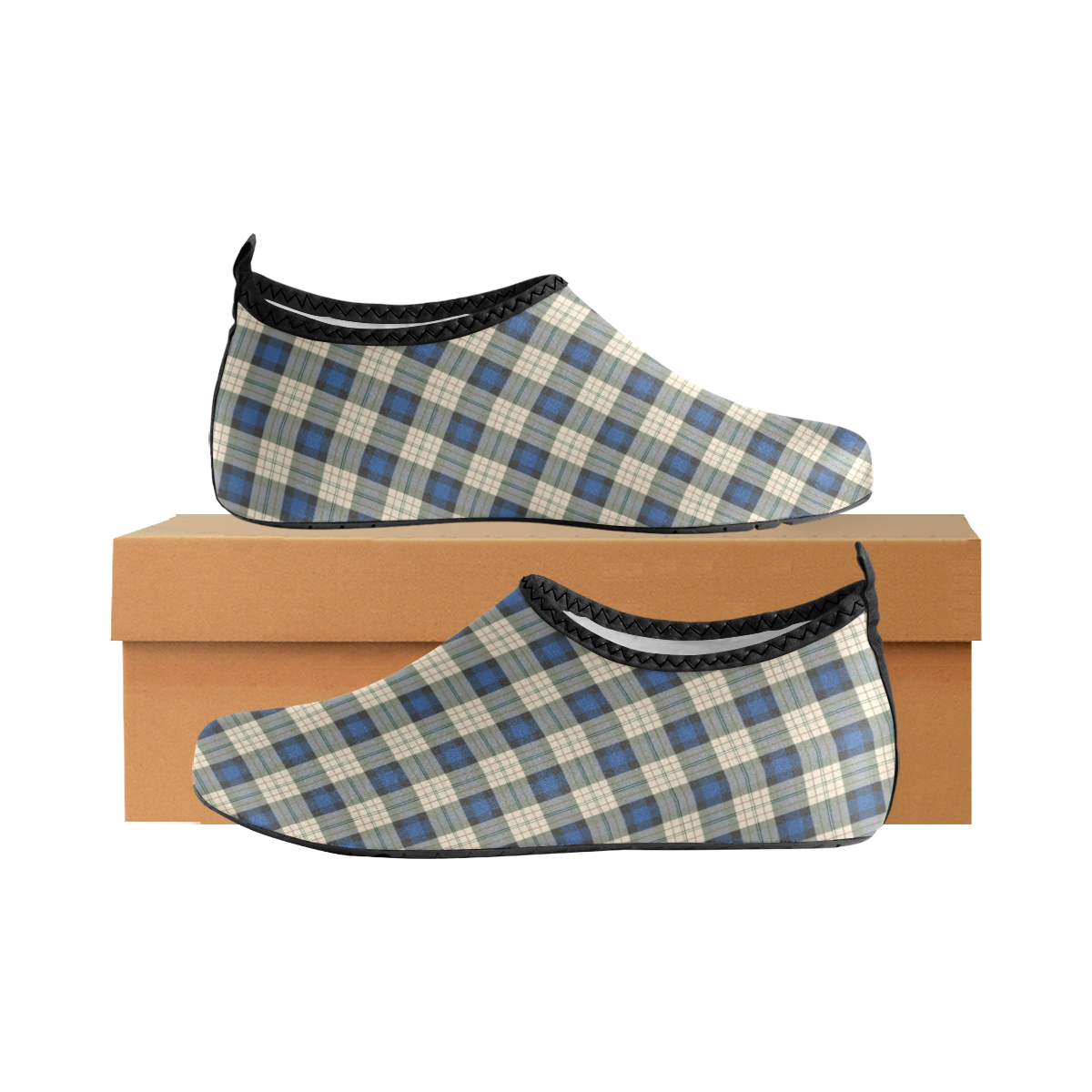 Classic Tartan Squares Fabric - blue beige Men's Slip-On Water Shoes (Model 056)