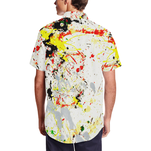 Yellow & Black Paint Splatter Men's Short Sleeve Shirt with Lapel Collar (Model T54)