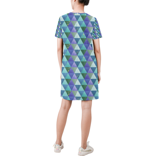 Triangle Pattern - Blue Violet Teal Green Short-Sleeve Round Neck A-Line Dress (Model D47)