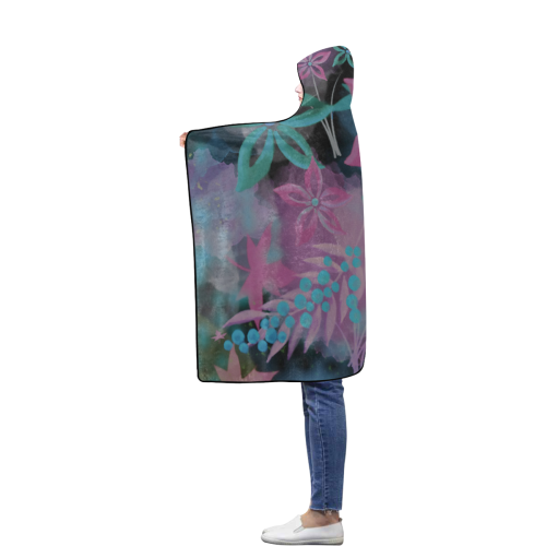 Flower Pattern - black, teal green, purple, pink Flannel Hooded Blanket 50''x60''