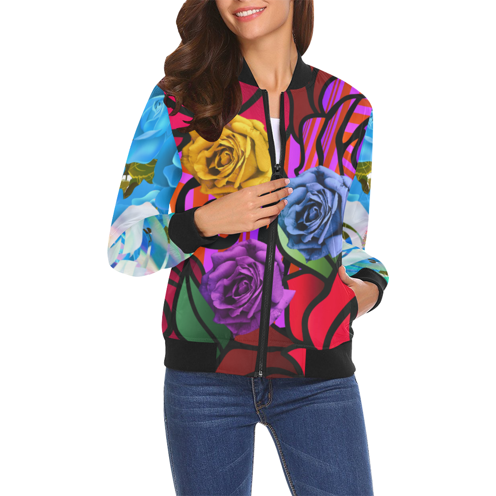 colour Floral All Over Print Bomber Jacket for Women (Model H19)