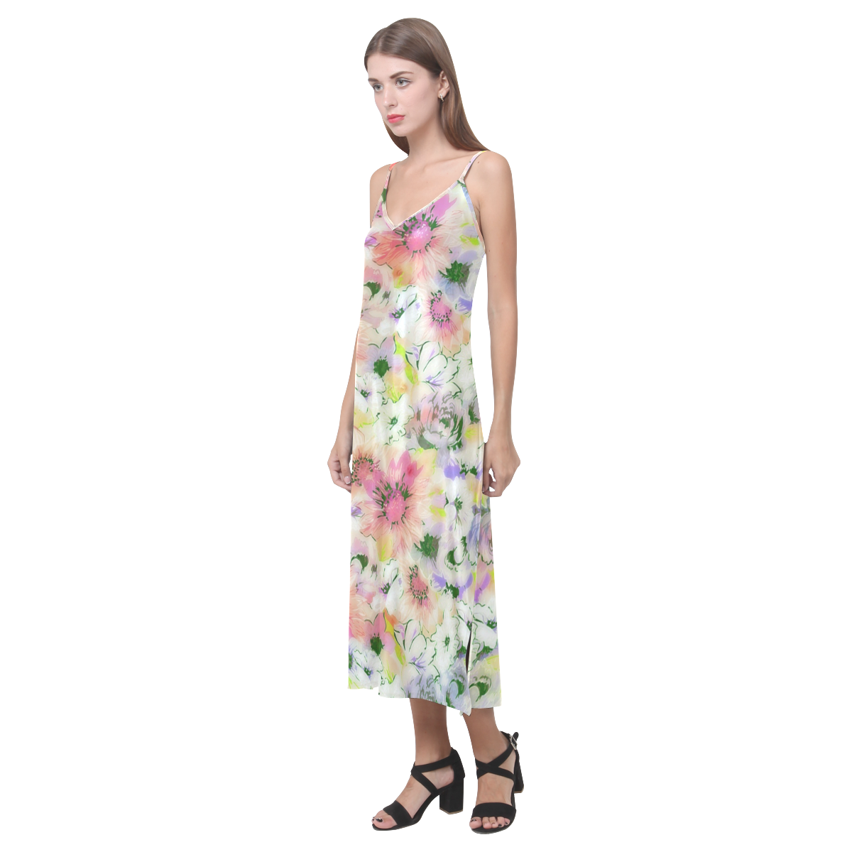 pretty spring floral V-Neck Open Fork Long Dress(Model D18)