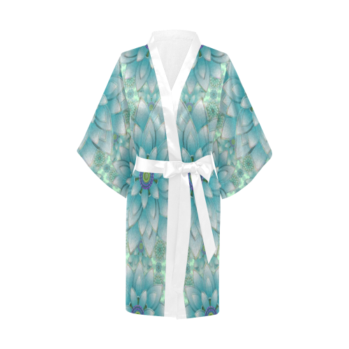 Turquoise Happy Lotus pattern Kimono Robe