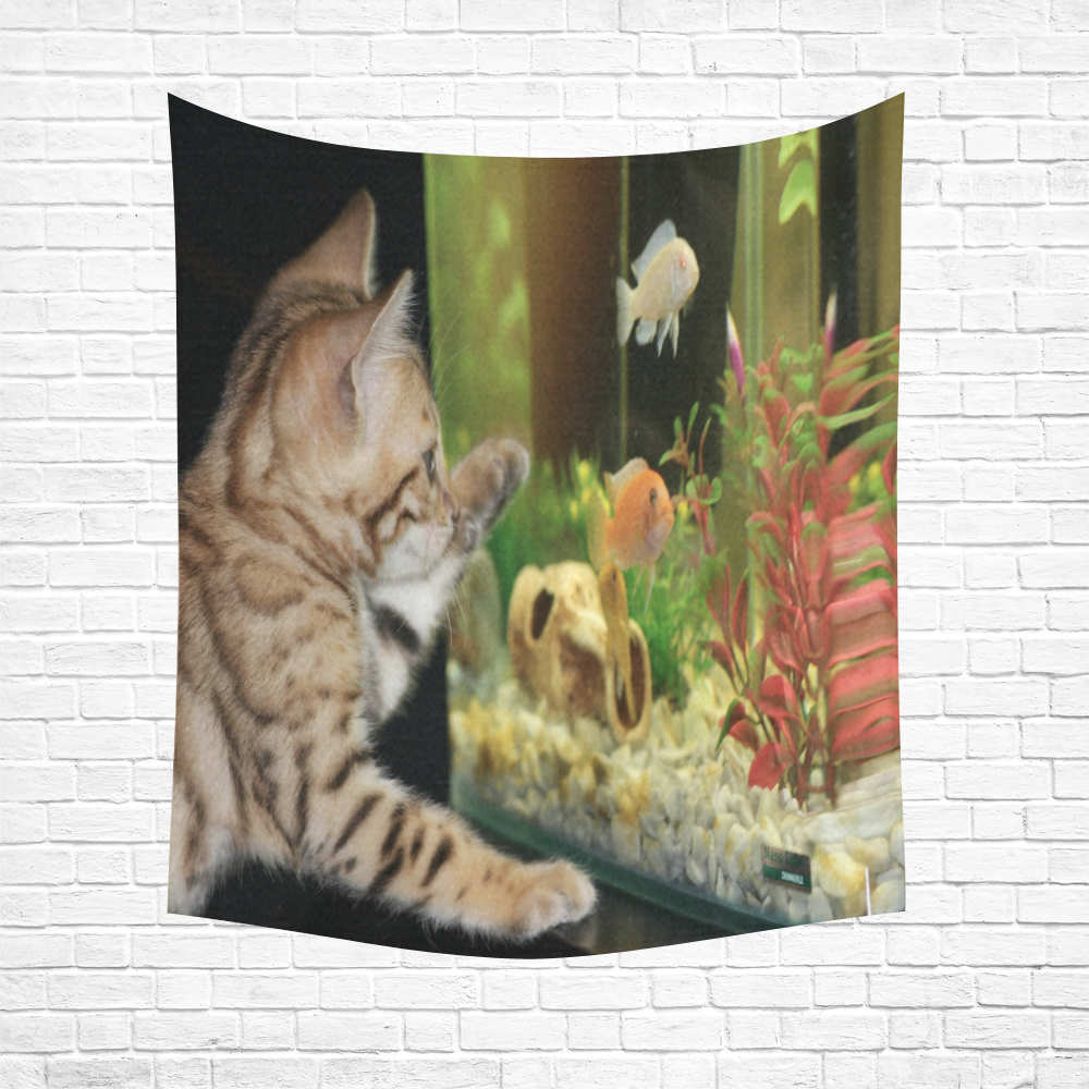 Wishing To Be Fishing Kitten Cotton Linen Wall Tapestry 51"x 60"