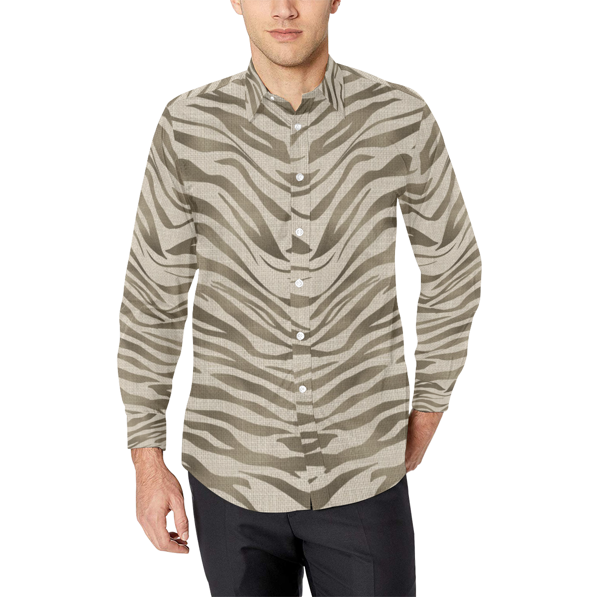 Linen Horizontal Large Tiger Animal Print Men's All Over Print Casual Dress Shirt (Model T61)
