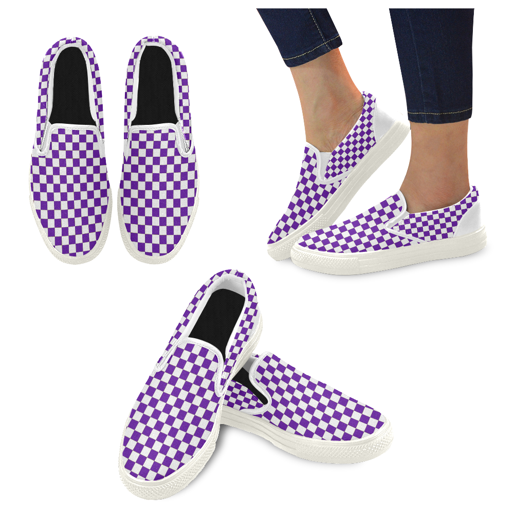 Checkerboard Purple and White Women's Unusual Slip-on Canvas Shoes (Model 019)