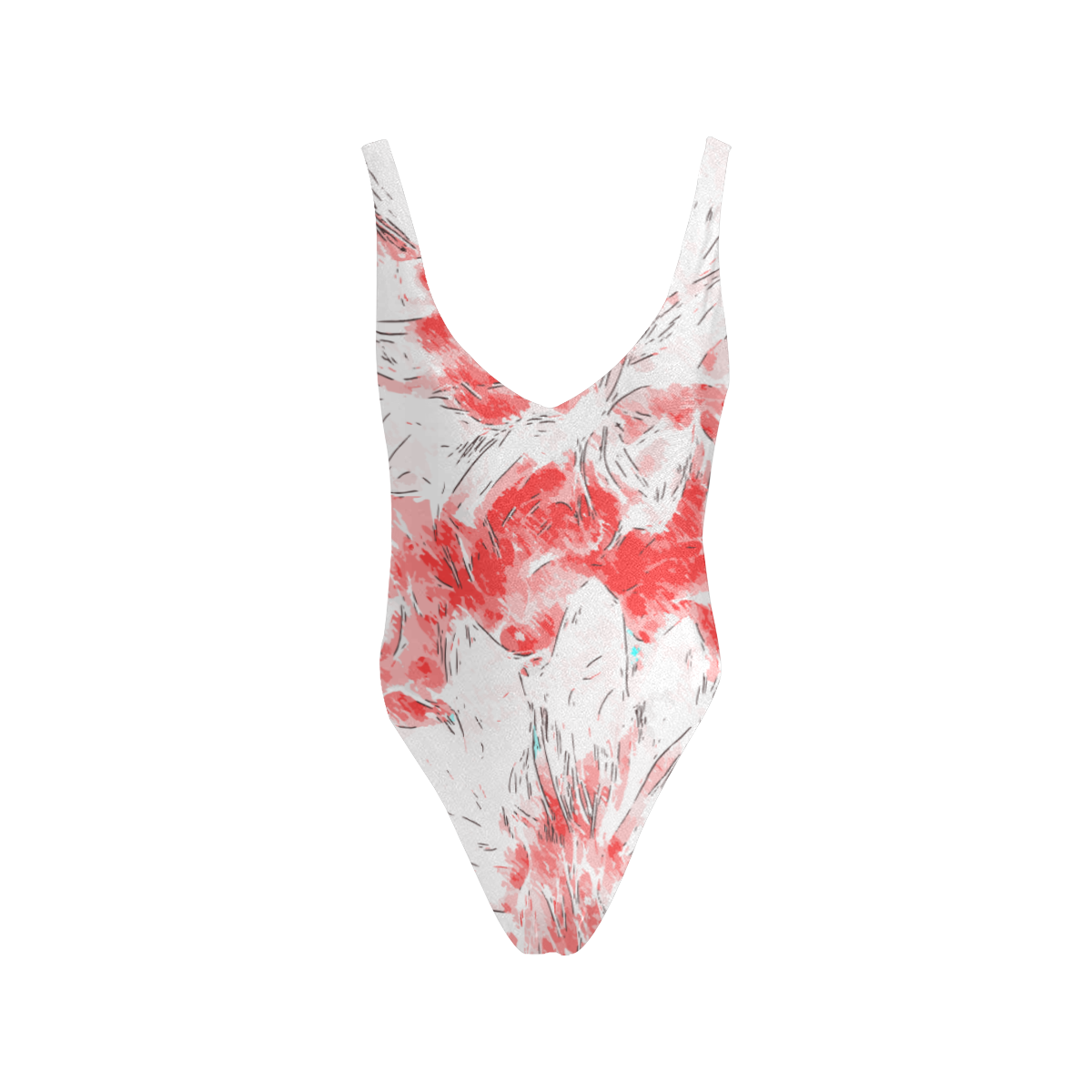 Floral Pink Sketch Art Sexy Low Back One-Piece Swimsuit (Model S09)