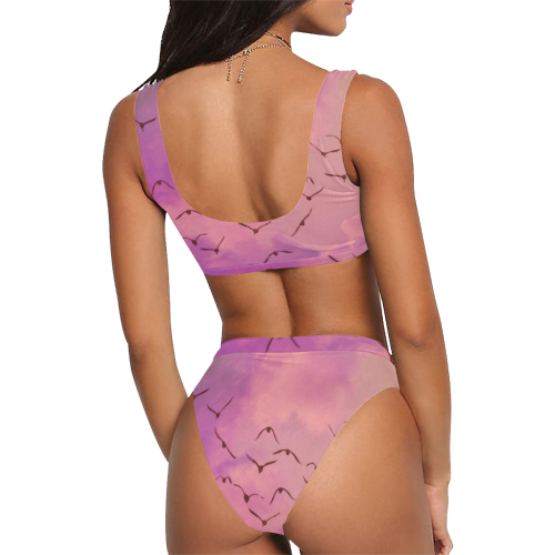 Trendy Birds, pink by JamColors Sport Top & High-Waisted Bikini Swimsuit (Model S07)