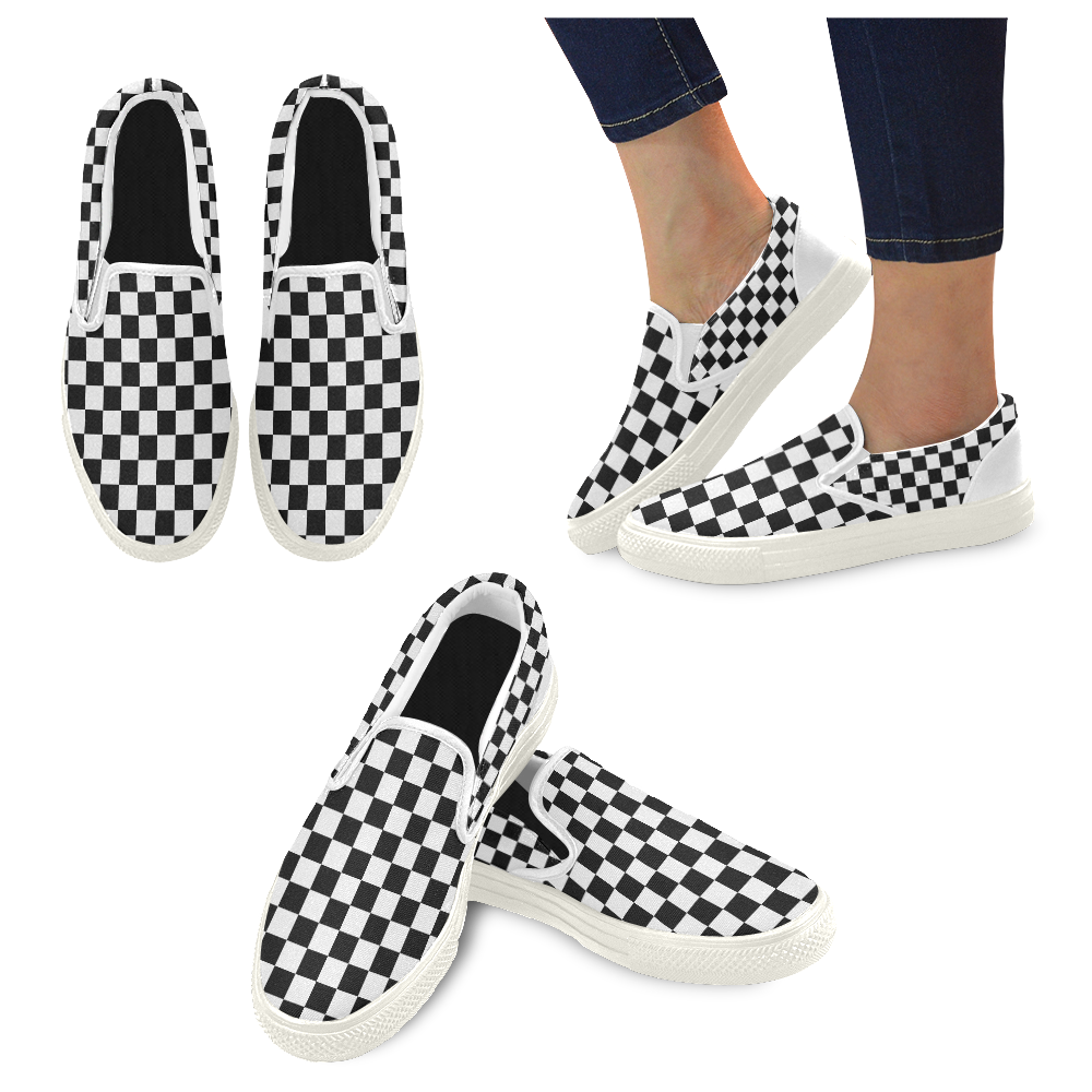 Checkerboard Black and White Men's Slip-on Canvas Shoes (Model 019)