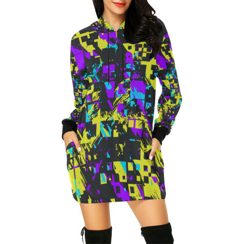 Purple yelllow squares All Over Print Hoodie Mini Dress (Model H27)