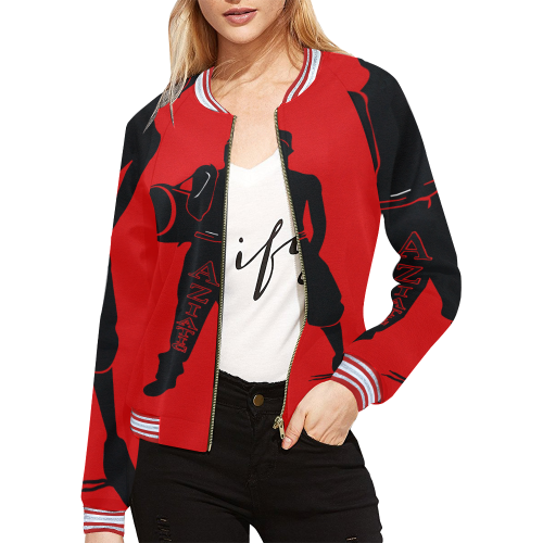 Aziatic Black & Red 21 All Over Print Bomber Jacket for Women (Model H21)