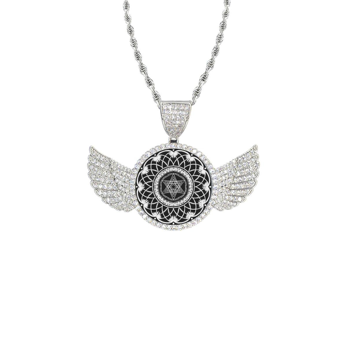 mandala 3D-21 Wings Silver Photo Pendant with Rope Chain