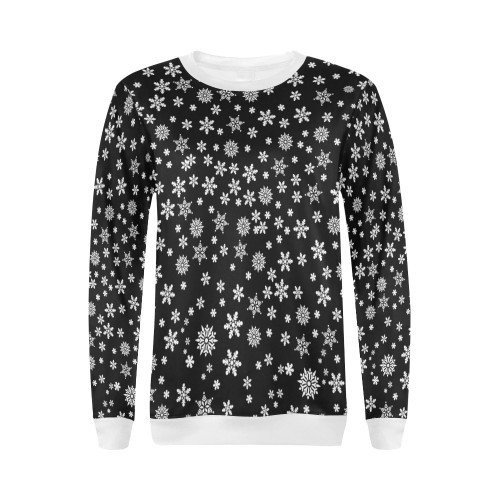 Christmas White Snowflakes on Black All Over Print Crewneck Sweatshirt for Women (Model H18)