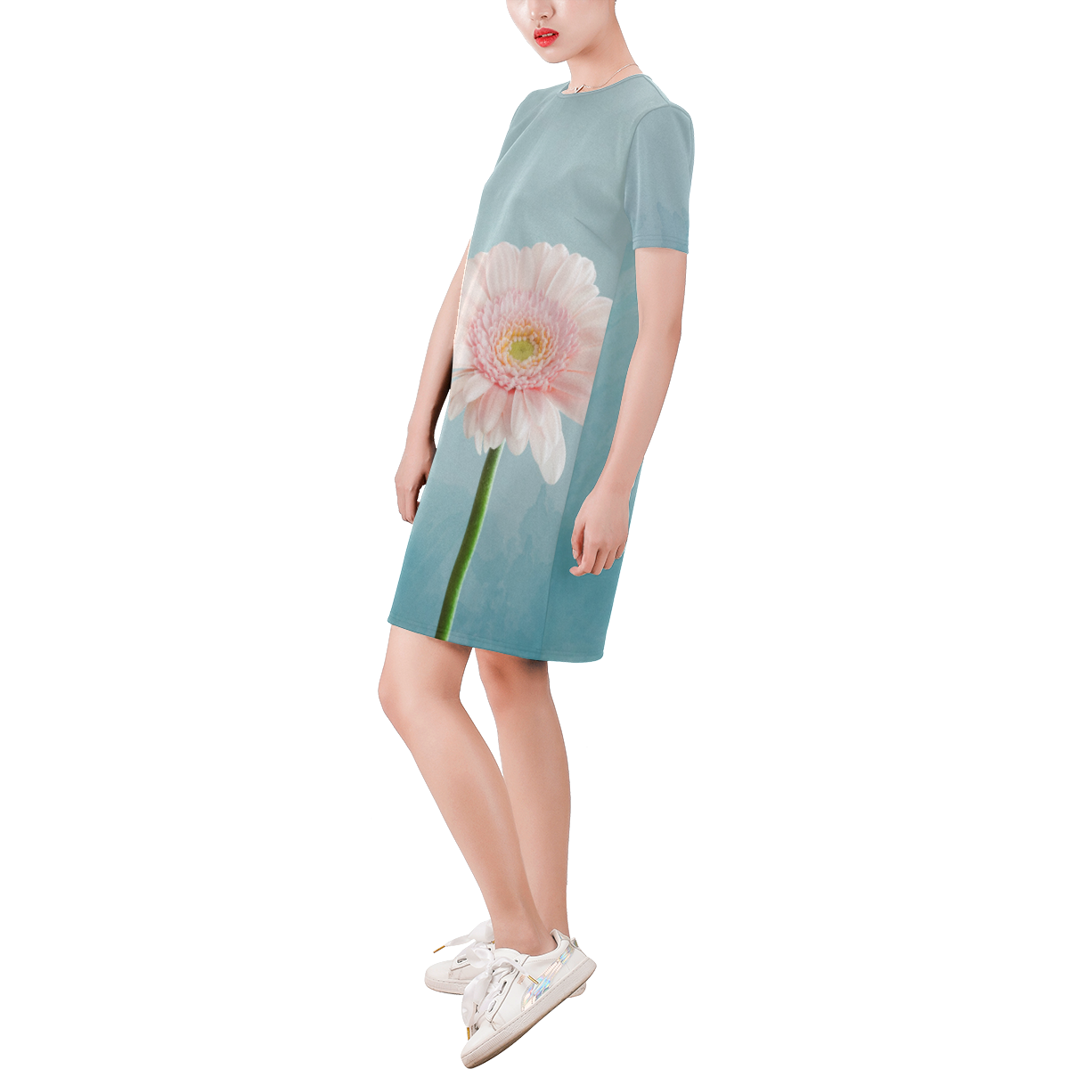 Gerbera Daisy - Pink Flower on Watercolor Blue Short-Sleeve Round Neck A-Line Dress (Model D47)