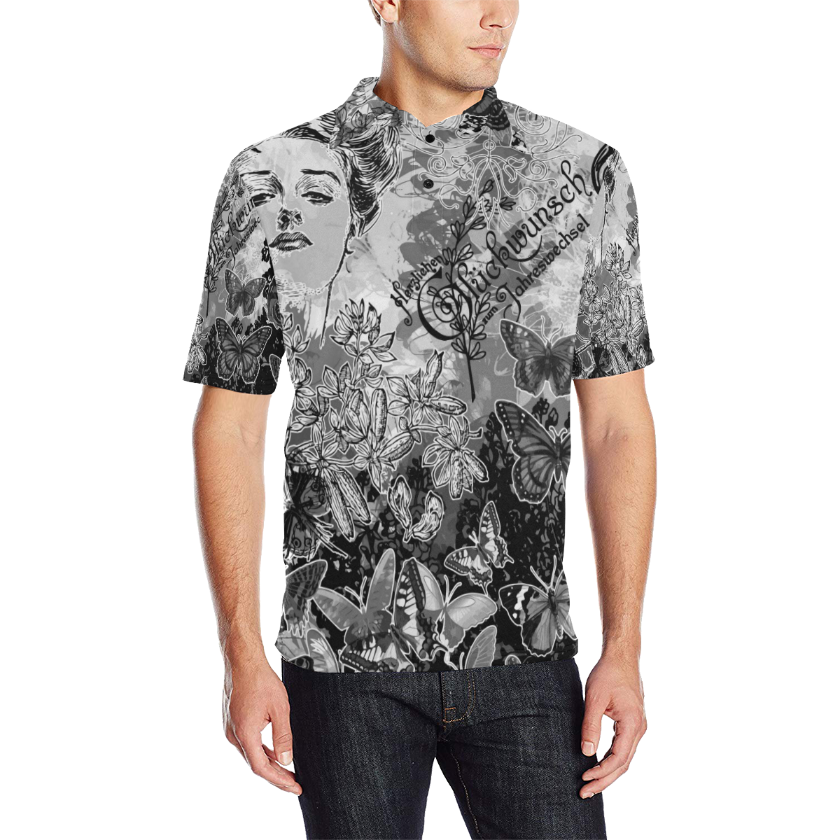Lady and butterflies Men's All Over Print Polo Shirt (Model T55)