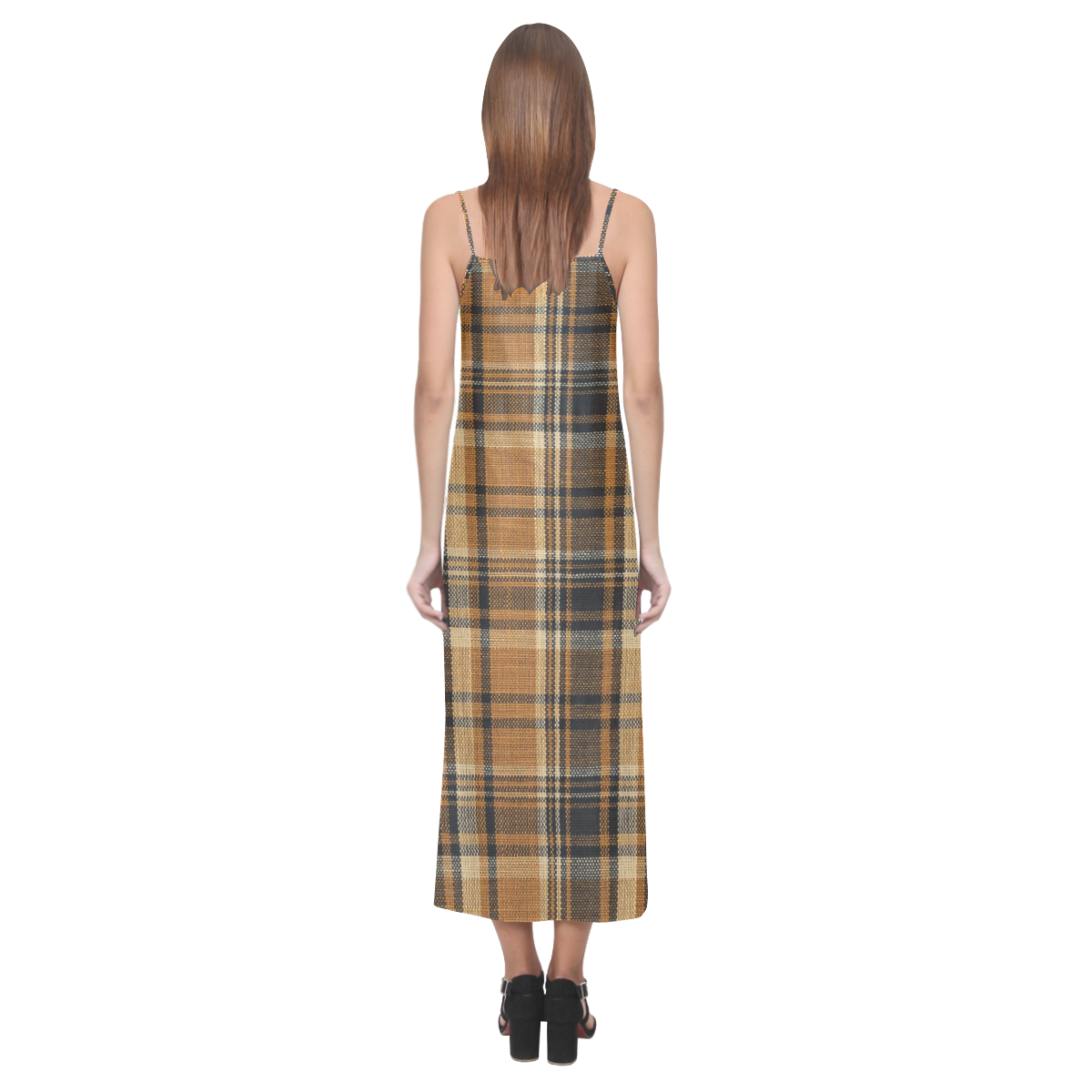 TARTAN DESIGN V-Neck Open Fork Long Dress(Model D18)