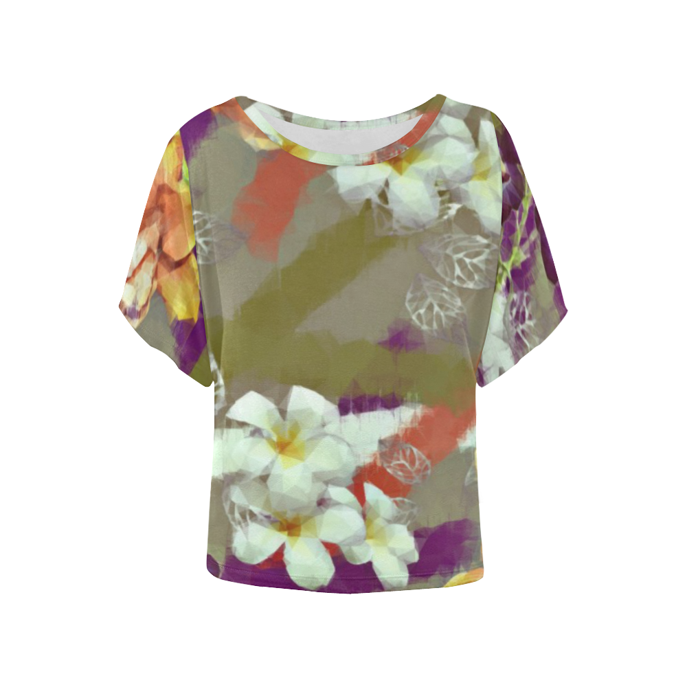Tropical Flowers and Strips Design By Me by Doris Clay Kersey Women's Batwing-Sleeved Blouse T shirt (Model T44)