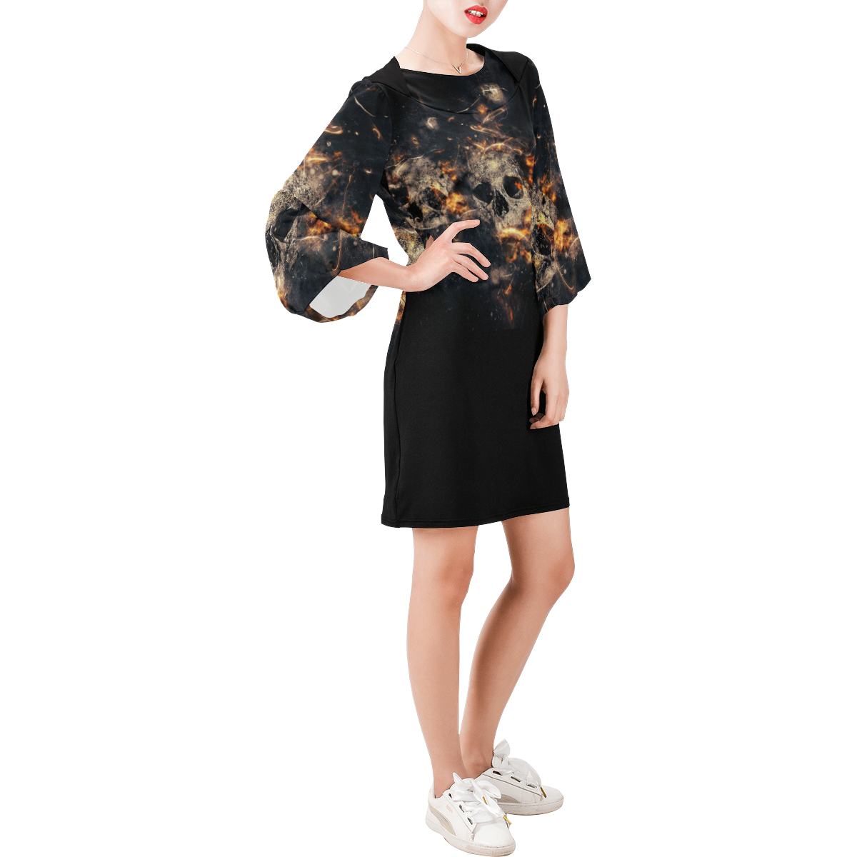 Flaming Skulls Bell Sleeve Dress Bell Sleeve Dress (Model D52)