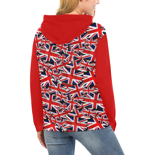 Union Jack British UK Flag (Vest Style)  Red All Over Print Hoodie for Women (USA Size) (Model H13)
