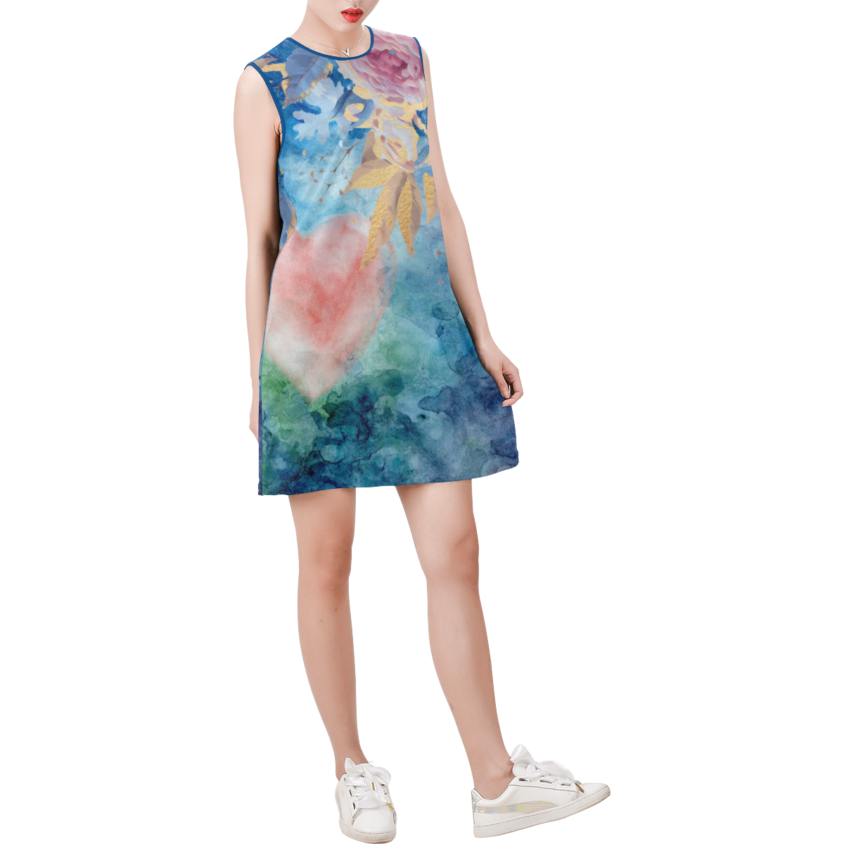Heart and Flowers - Pink and Blue Sleeveless Round Neck Shift Dress (Model D51)
