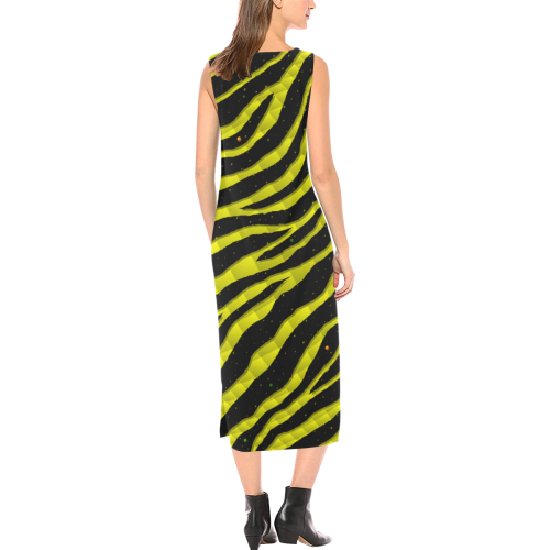 Ripped SpaceTime Stripes - Yellow Phaedra Sleeveless Open Fork Long Dress (Model D08)
