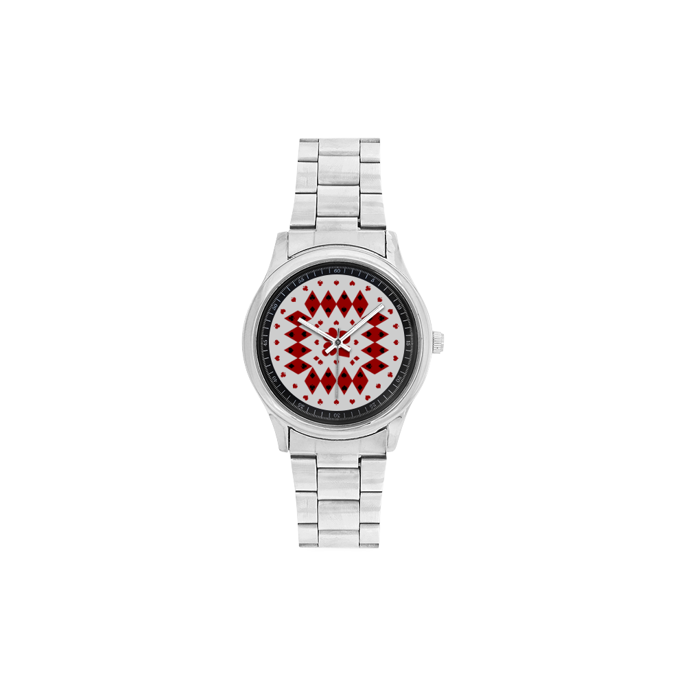 Black and Red Playing Card Shapes White Men's Stainless Steel Watch(Model 104)