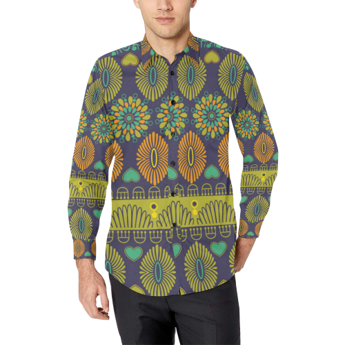 Ethnic Bohemian Purple, Green, and Orange Men's All Over Print Casual Dress Shirt (Model T61)