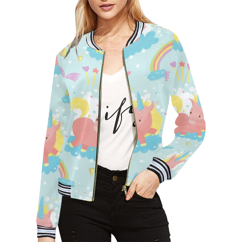 Unicorn And Rainbow Pattern All Over Print Bomber Jacket for Women (Model H21)