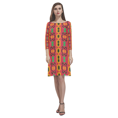 Tribal shapes in retro colors (2) Rhea Loose Round Neck Dress(Model D22)