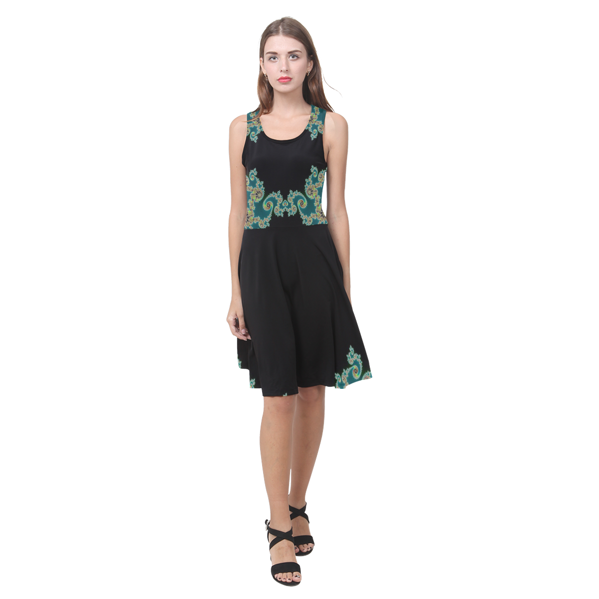 Aqua and Black  Hearts Lace Fractal Abstract Atalanta Casual Sundress(Model D04)