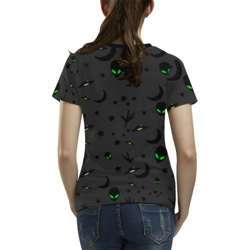 Alien Flying Saucers Stars Pattern on Charcoal All Over Print T-shirt for Women/Large Size (USA Size) (Model T40)