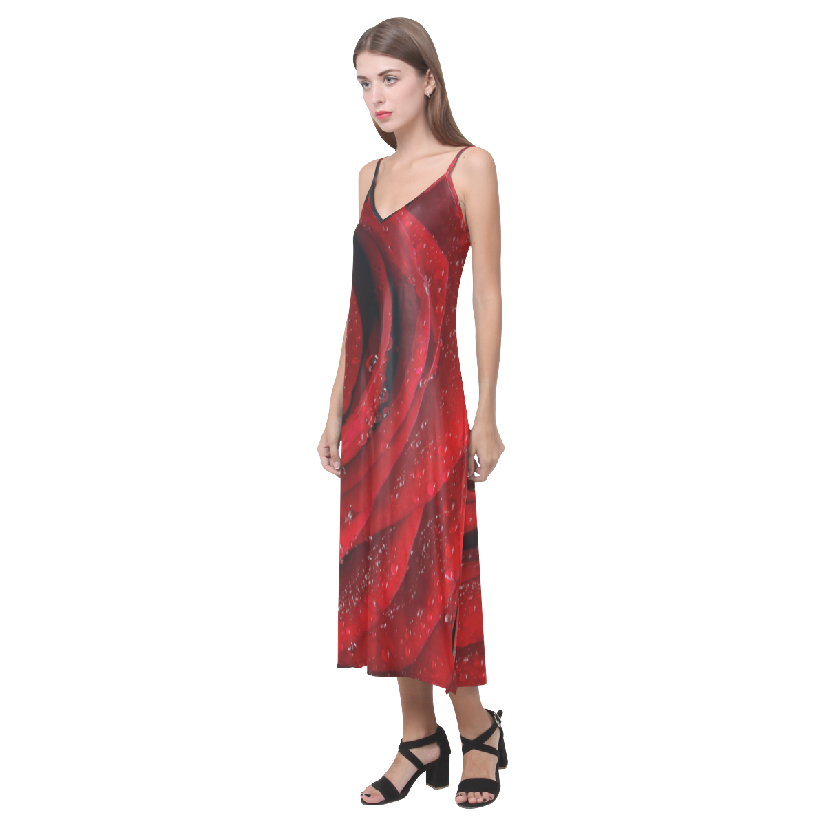 Red rosa V-Neck Open Fork Long Dress(Model D18)