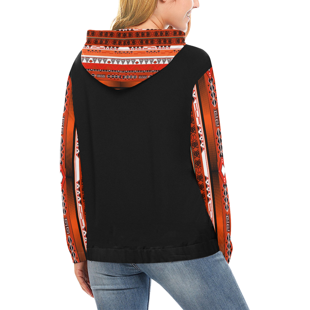 Black torso Red Black Orange Ethnic Print women's hoodie $38.99 base price All Over Print Hoodie for Women (USA Size) (Model H13)