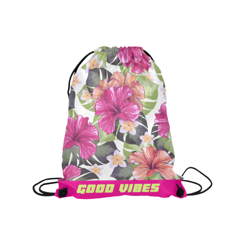 Hailey hibiscus and leaves pink green floral Good vibes Medium Drawstring Bag Model 1604 (Twin Sides) 13.8"(W) * 18.1"(H)