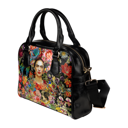 Frida Kahlo Enchanted Garden Black Shoulder Handbag (Model 1634)