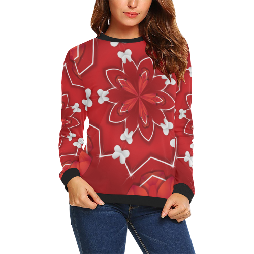 Love and Romance Red and White Hearts and Butterfl All Over Print Crewneck Sweatshirt for Women (Model H18)