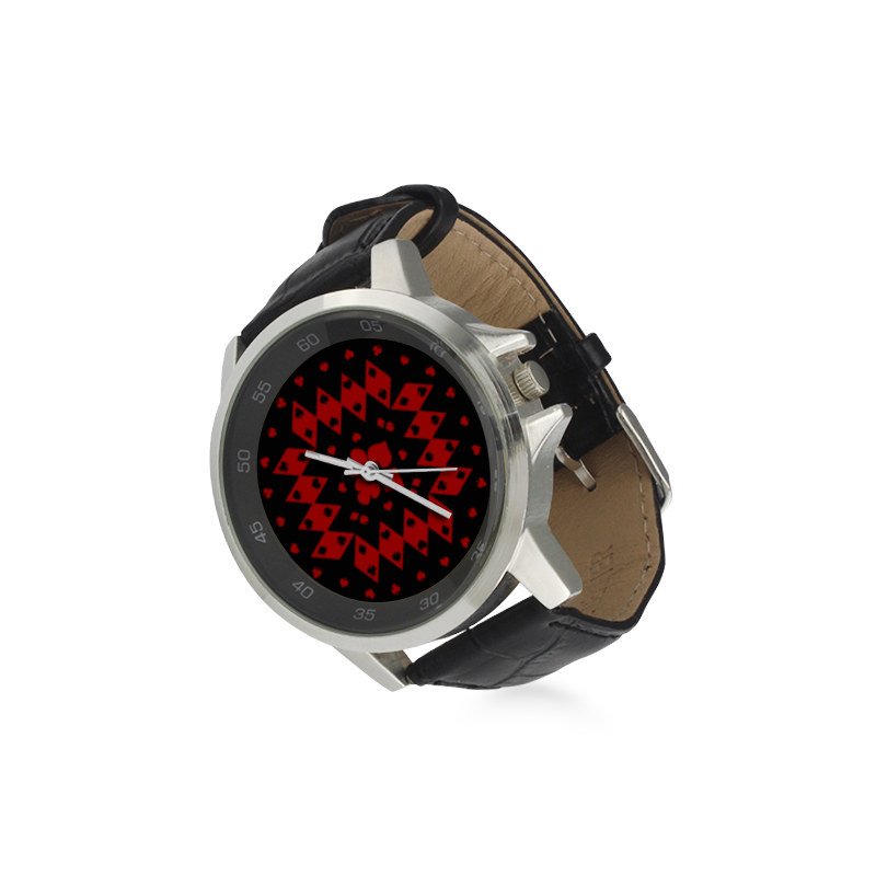 Black and Red Playing Card Shapes Round on Black Unisex Stainless Steel Leather Strap Watch(Model 202)