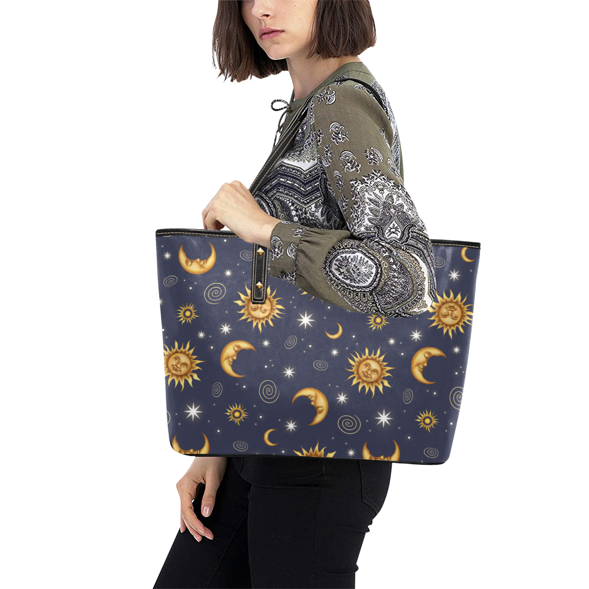 Vintage Celestial Pattern Chic Leather Tote Bag (Model 1709)
