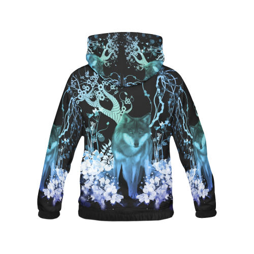 Awesome wolf with flowers All Over Print Hoodie for Women (USA Size) (Model H13)