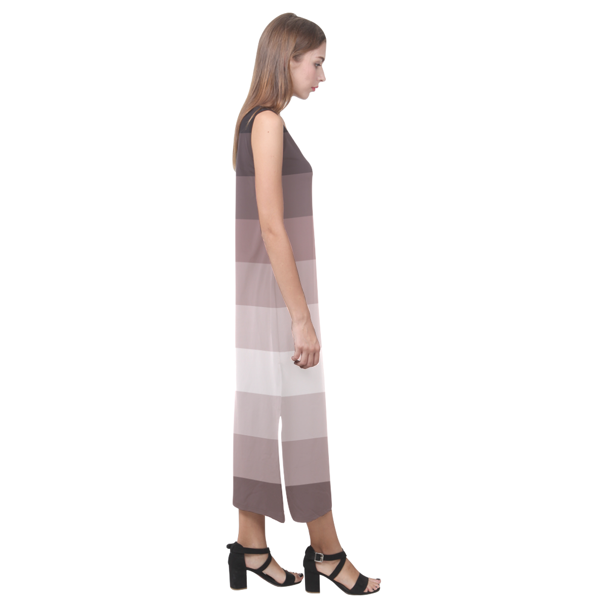 Grey multicolored stripes Phaedra Sleeveless Open Fork Long Dress (Model D08)