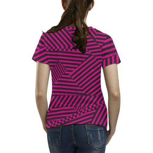Hot Pink Black Stripes and Checkerboard All Over Print T-Shirt for Women (USA Size) (Model T40)