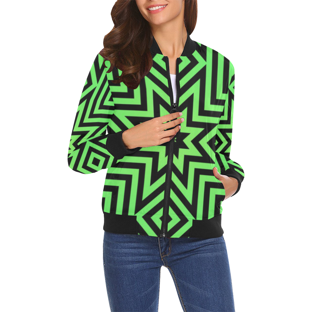 Green/Black Tribal Pattern All Over Print Bomber Jacket for Women (Model H19)