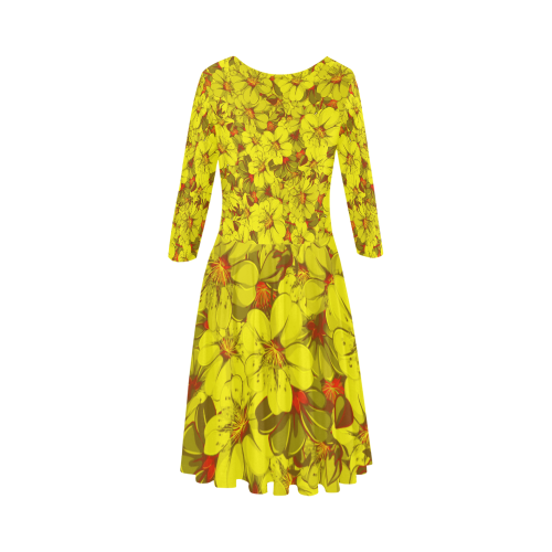 Yellow flower pattern Elbow Sleeve Ice Skater Dress (D20)