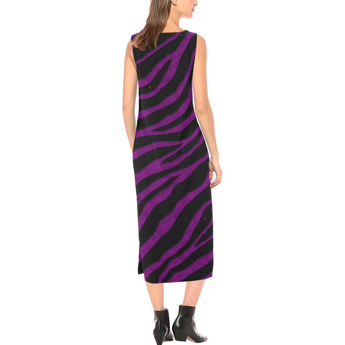 Ripped SpaceTime Stripes - Purple Phaedra Sleeveless Open Fork Long Dress (Model D08)