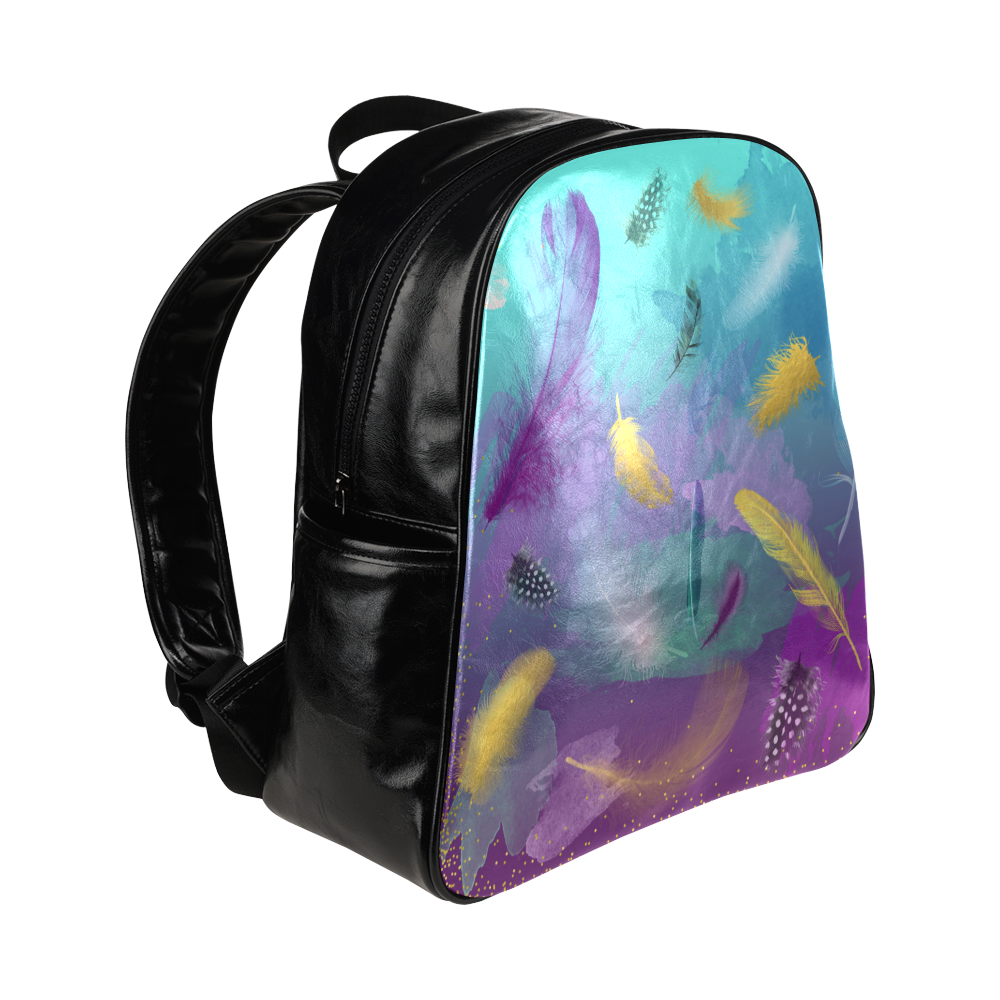Dancing Feathers - Turquoise and Purple Multi-Pockets Backpack (Model 1636)